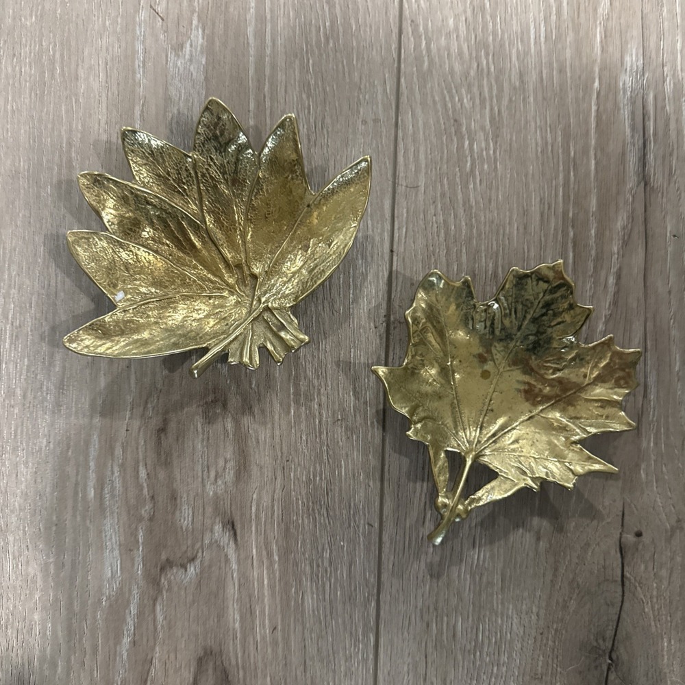 2 Vintage Virginia Metal Crafters Brass Sugar Maple & Sage Leaf Trinket Dish